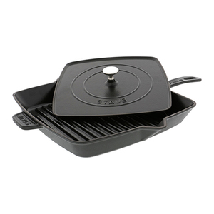 Cast Iron 12" Square Grill Pan & Press Set Matte Black Product Image